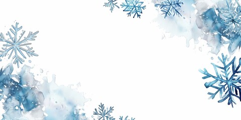 Empty watercolor illustration snowflakes frame border, copy space for winter holidays, Christmas, winter season product display, illustration, blue pastel color. 