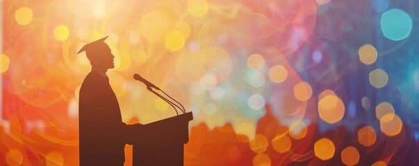 Silhouette of a graduate delivering a speech at a podium, colorful bokeh background symbolizing celebration and achievement.