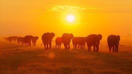 Obraz premium African Elephant Herd Roaming Across Vast Sunset Savannah