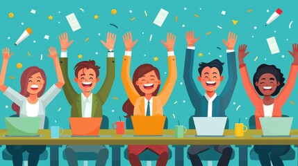 Successful Business Team Celebrating in Modern Office - Workplace Happiness Concept