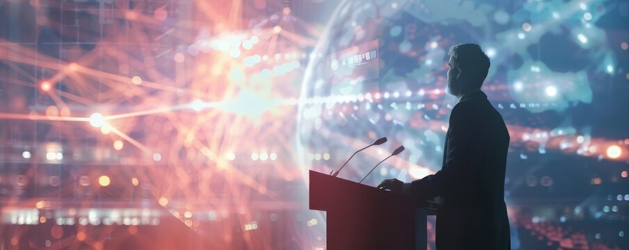 Silhouette of a business speaker giving a presentation with futuristic digital globe in the background, symbolizing global connectivity.
