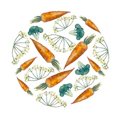 Round composition of vegetables isolated on a white background.