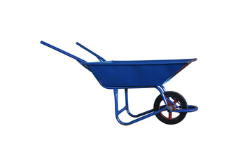 Blue cement cart on isolated white background. Trolley for construction. A construction cart used...