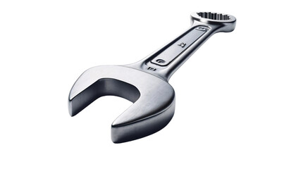 A combination wrench, with a box end and an open end, placed on a transparent background
