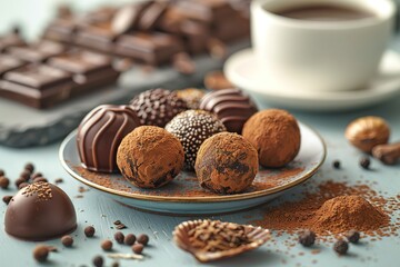 A plate of chocolate truffles on a light blue wooden table