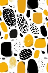 Modern abstract pattern with black and mustard shapes, white background. Contemporary geometric and artistic composition.