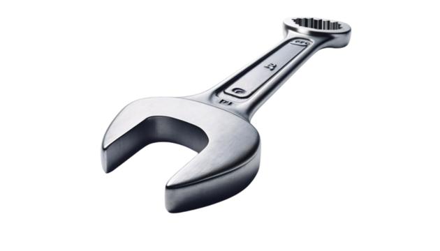 A combination wrench, with a box end and an open end, placed on a transparent background