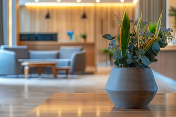 a flower in a pot in the lobby of the hotel