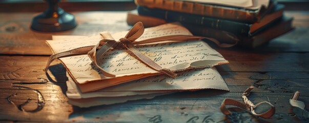 Vintage letters tied with a ribbon on a wooden desk, surrounded by old books and glasses, evoking a...