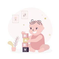 Cheerful kid sits and collects a pyramid of colored cubes. Concept development and education of young children.