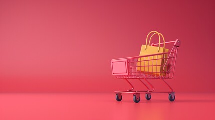 Minimalistic shopping cart with a yellow bag against a pink background. Perfect for e-commerce and retail concept designs.