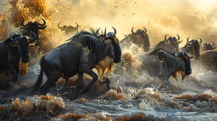 Great Drama Unfolds A Herd of Wildebeest Crossing River