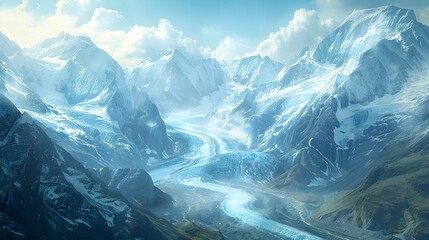 Obraz premium Majestic Glacier Winding Through Awe Inspiring Mountain Landscape with Rugged Peaks and Serene Sky