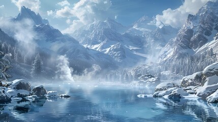 Serene Mountain Spring in Snowy Landscape with Towering Peaks and Tranquil Ambiance