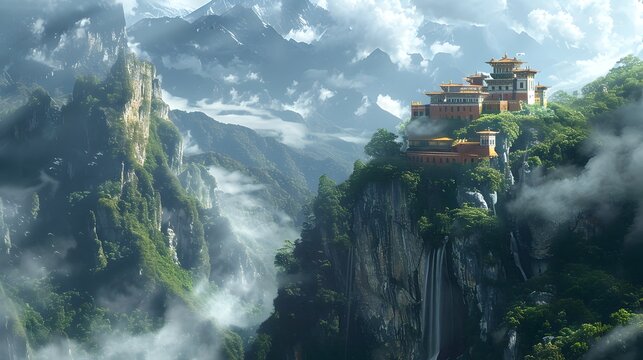 Tranquil Mountain Monastery Perched on Cliffside Amid Lush Greenery and Misty Peaks Illustrating Peaceful Coexistence of Spirituality and Nature