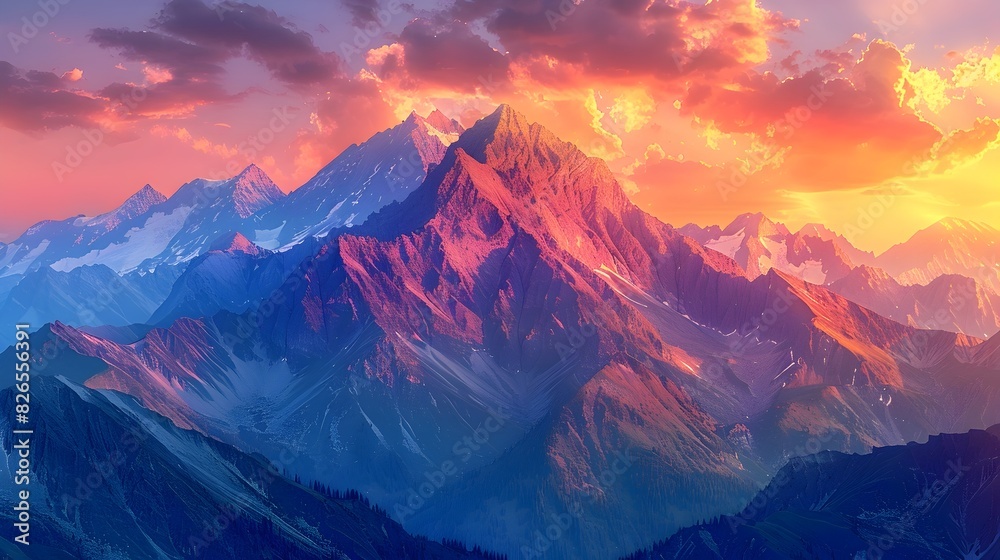 Poster Majestic Mountain Peaks Bathed in Vibrant Sunset Hues Evoking Awe and Serenity in the Wilderness