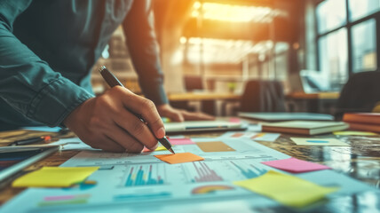 Obraz premium Person working on financial documents with graphs and sticky notes in an office. Close-up photography with warm lighting. Business and productivity concept for design and poster