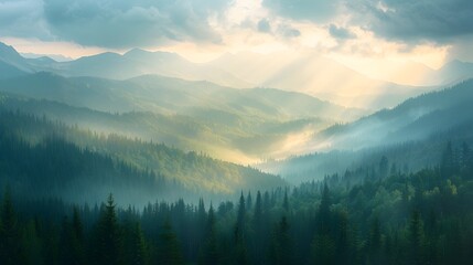 Obraz premium Majestic Mountain Landscapes and Natural Serenity with Dramatic Sky and Sunlight