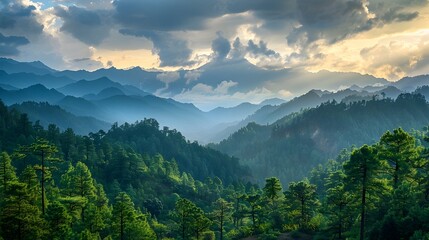 Fototapeta premium Majestic Mountain Landscape with Dramatic Skies and Lush Forest Serenity