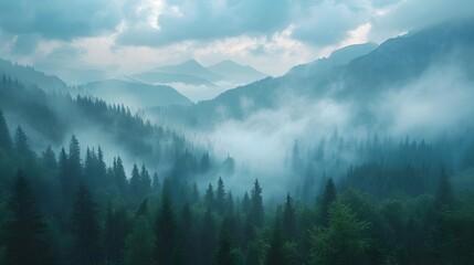 Majestic Mountain Landscape with Lush Forest and Dramatic Skies Capturing the Essence of Natural Serenity and Wilderness