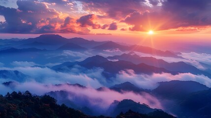 Breathtaking Mountain Panorama with Vibrant Sunset and Sea of Clouds Filling Valleys Below Evoking Natural Serenity and Wonder