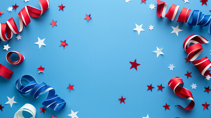 Obraz premium american flags and Red and blue spirals and white stars top view, flat lay on blue background with copy space 4th of july independence day concept celebration