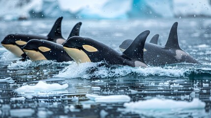 Fototapeta premium Orcas Icy Hunt Coordinated Predation of Seals in the Arctic