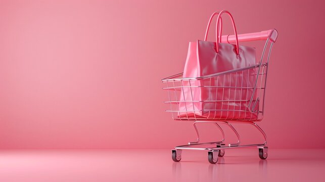 Pink shopping cart with pink bags on a pink background, highlighting modern retail and consumerism in a monochromatic palette.