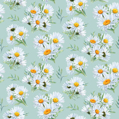 Jointless pattern with Aquarelle Chamomile Bouquets