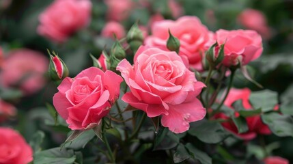 Roses in full bloom displaying lovely pink petals