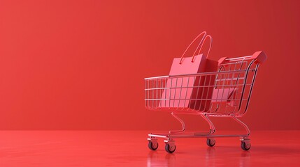 Red shopping cart with bags in minimalistic red setting. Empty space for text. Concept for shopping, sales, and consumerism.