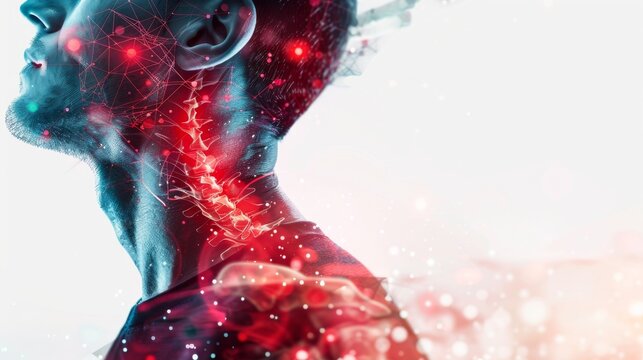 Close-up of a man experiencing neck pain, overlaid with a red hologram illustration and joint diagram