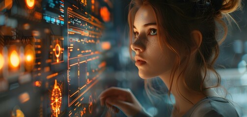 Businesswoman Analyzing Futuristic Digital Data on Transparent Interface in High Tech Office