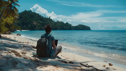 Fototapeta premium Digital Nomad Disconnecting in Scenic Beach Oasis for Remote Work Lifestyle