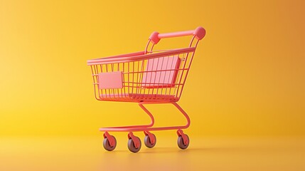 Vibrant pink shopping cart on a bright yellow background, epitomizing modern retail and e-commerce concepts. Perfect for marketing and advertising.