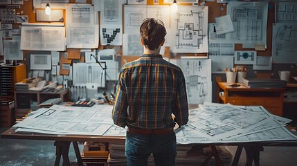 Architect Reviewing Blueprints in Modern Office during Creative Design Process for Architectural Innovation