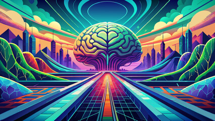 Vibrant Digital Brain Landscape with Futuristic City Illustration