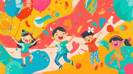 A group of children are jumping in the air with balloons