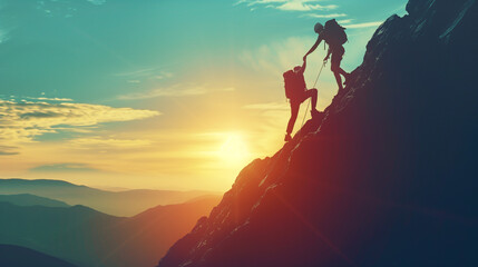 Help and assistance concept. Silhouettes of two people climbing on mountain and helping each other get to the top 