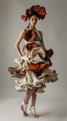 Elegant Model in Unique Mushroom-Inspired Sculptural Dress on Neutral Background