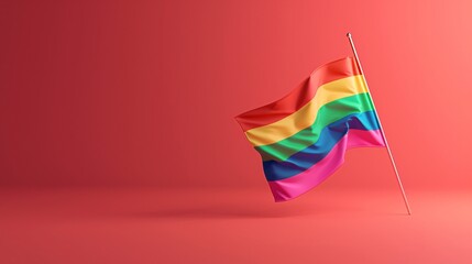 Vibrant rainbow pride flag waving on a red background, symbolizing LGBT rights, diversity, and inclusion.