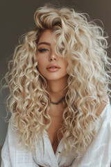 Woman (Model) with Amazing Beauty Blond Long Curly Hair Style