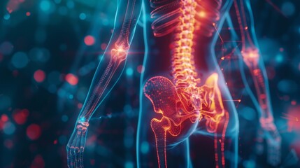 Close-up of a person lower back in pain, overlaid with a red hologram outline and bone pain chart