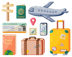 Summer vacation travel set of isolated elements on white background. Flat style vector illustration.
