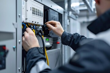 Technician connecting solar panels to an inverter, industrial background, clean energy installation