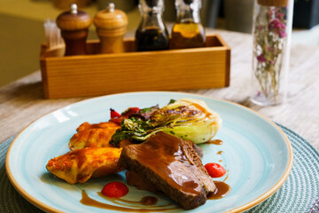 Smoked Irish brisket, caper puree, grilled vegetables, roasted cheddar cheese potatoes