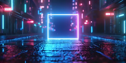 Futuristic cityscape with a glowing neon cube, ideal for cyberpunk, technology, and sci-fi content.