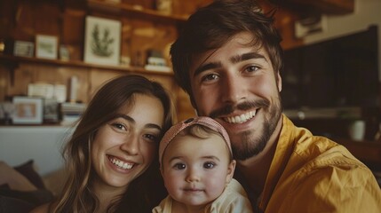 Fototapeta premium Family selfie in room, smiling parents with baby girl