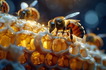 Close-up of bees working on a honeycomb, with golden honey and warm lighting, perfect for nature, wildlife, and agricultural content.