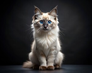 Balinese breed cat sitting isolated on dark smoky background looking at camera.